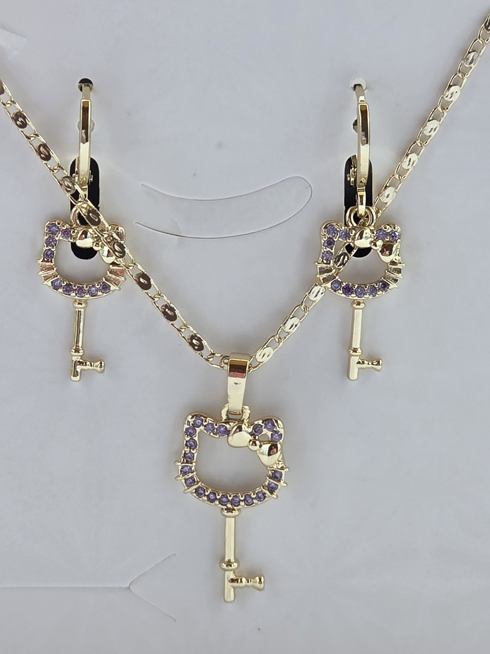 3-Piece 18K Gold Plated Hello Kitty Key Necklace & Earrings Jewelry Set (NWT)